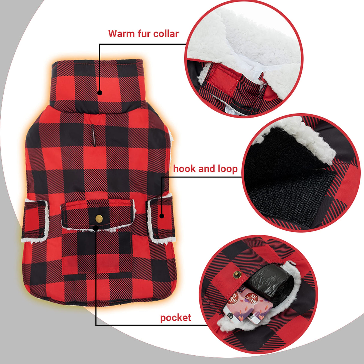 ORZECHKO Dog Winter Coat - Windproof Fleece Warm Thick Dog Jacket Clothes for Cold Weather - Plaid Pet Vest Coat Outfits for Small Medium Large Dogs - Indoor & Outdoor Use (S-XXL)