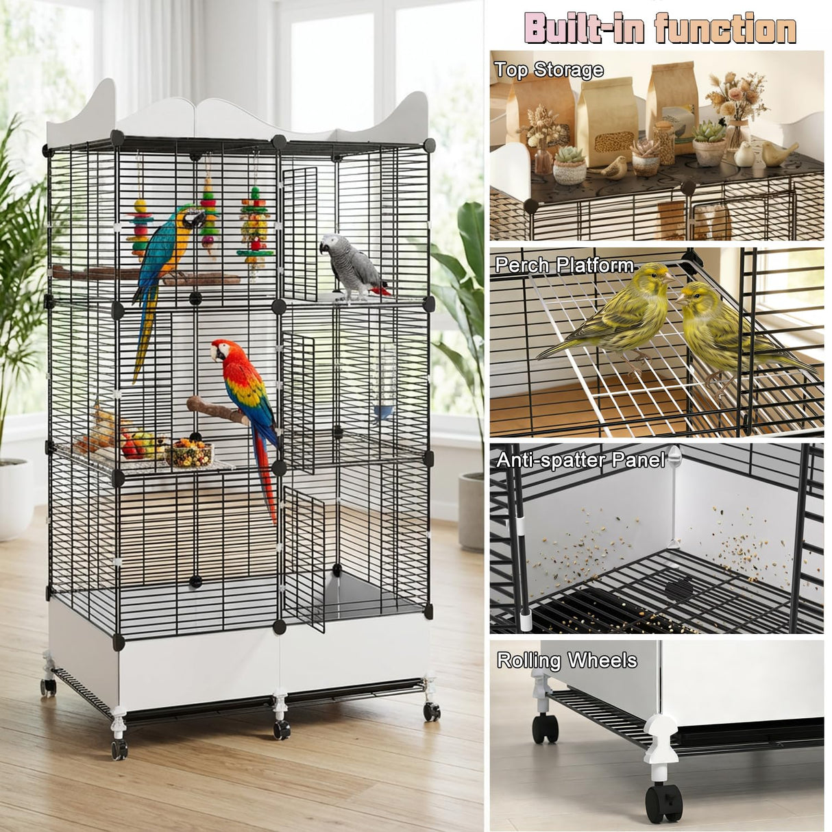 Encrypted Bird Cage Large Bird Cages 57-Inch, Top Storage Space, Bottom Splash Guard with Essential Bird Supplies – Durable & Spacious Aviary – Budgies & Cockatiels