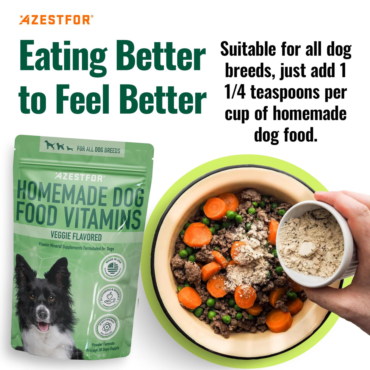 Azestfor Homemade Dog Food Vitamins Pre-Mix Powder – 24 Essential Nutrients – Supplement for Raw, Barf & Grain Free – for All Breeds & Ages – 16oz Veggie Flavored