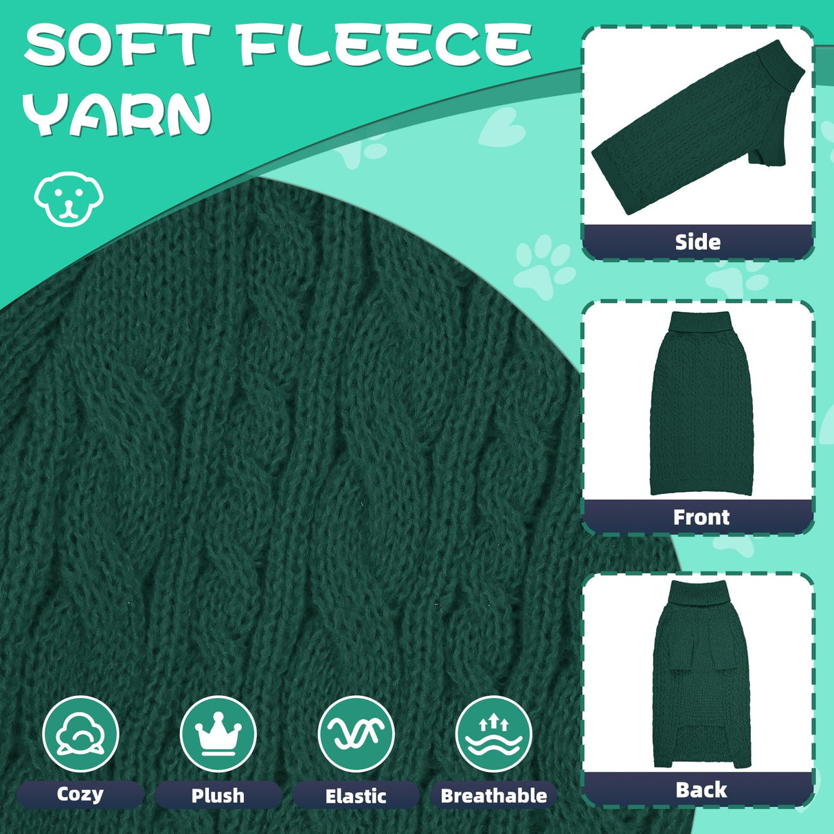 Lorehelina Dog Sweater Turtleneck Pullover Cable Knit for Boys Girls Large Dogs Bulldog Pitbull Labrador Doberman Winter Stretch Clothes Long Sleeves (XXL, Green)