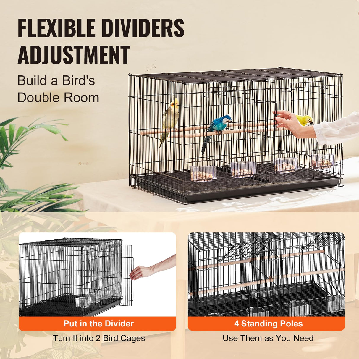 VEVOR 30-inch Flight Bird Cage, Stackable Divided Small Parakeet Cage for Parrots Canaries Cockatiels Lovebirds Finches Budgies Conures Macaws Pet Travel Birdcage with Handle and Perches