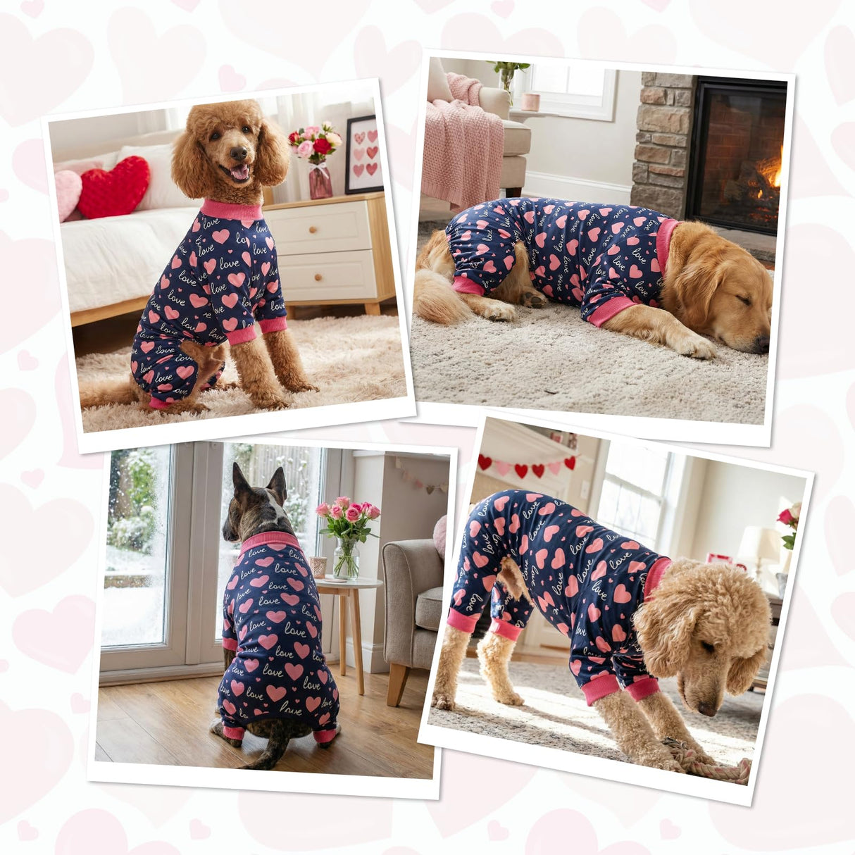 CooShou Valentine's Day Dog Pajama Heart Pattern Dog Onesie Jumpsuits Soft Pet Love-Themed Pjs Festival Dog Outfit Costume Apparel Clothes for Medium Large Dogs Blue L