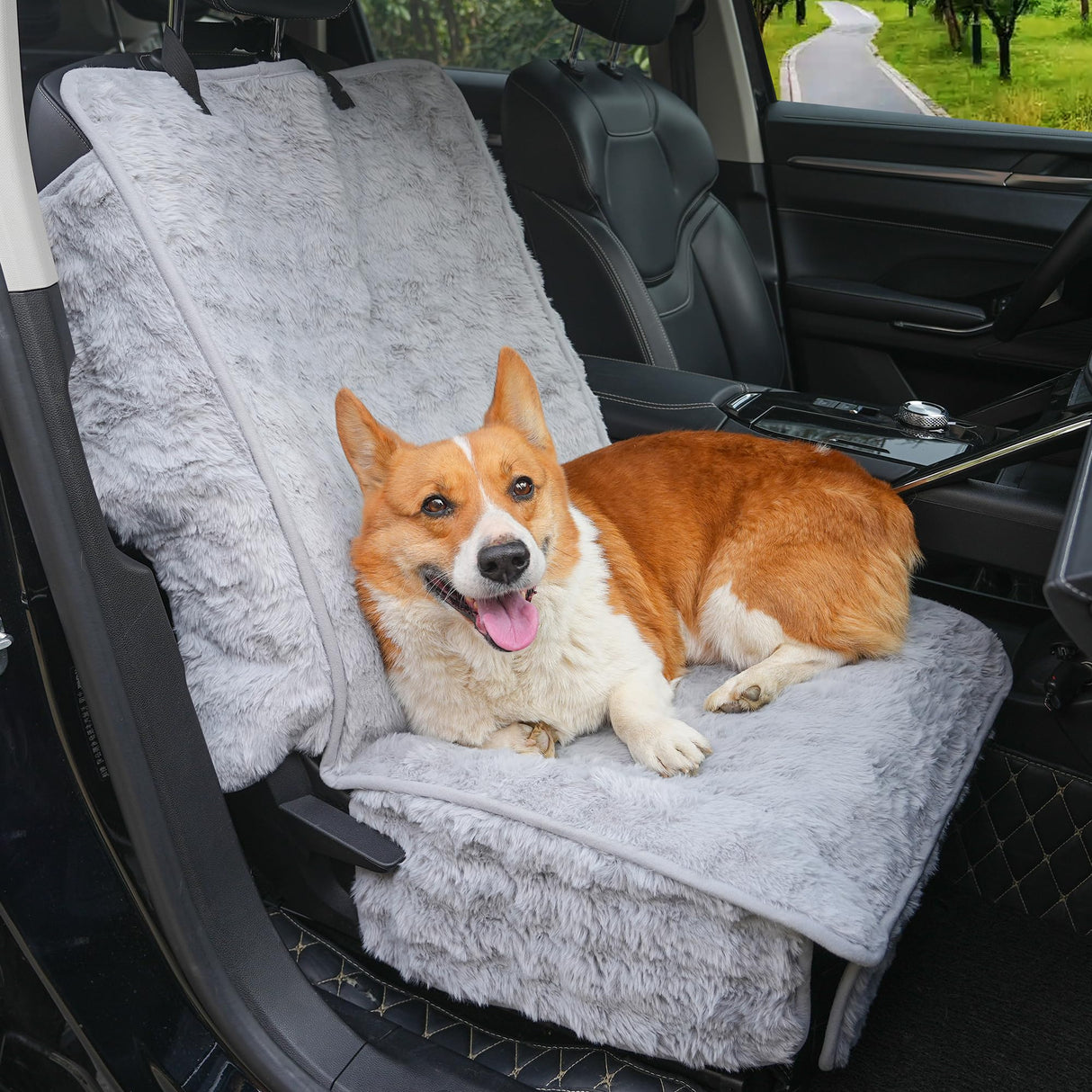 AEEISHOMEREFORM Dog Car Seat Cover for Back Seat & Front Seat, Plush Faux Fur Pet Car Seat Protector with Waterproof Layer, Non-Slip Bottom, Side Flaps, Machine Washable (Front Seat Gray)