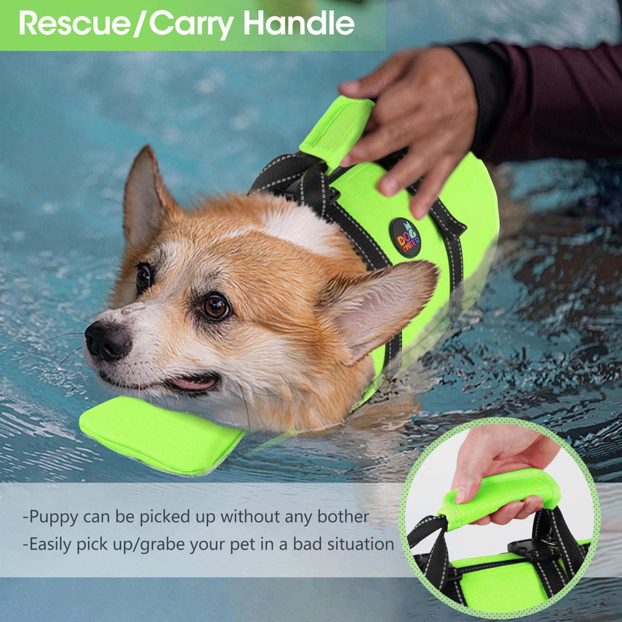 Dogcheer Dog Life Jacket with Back Zipper, High Buoyancy Puppy Swimming Vest, Dog Life Vest for Boating, Reflective Pet Floating Swim Vest PFD for Small Medium Large Dogs-Green,XL