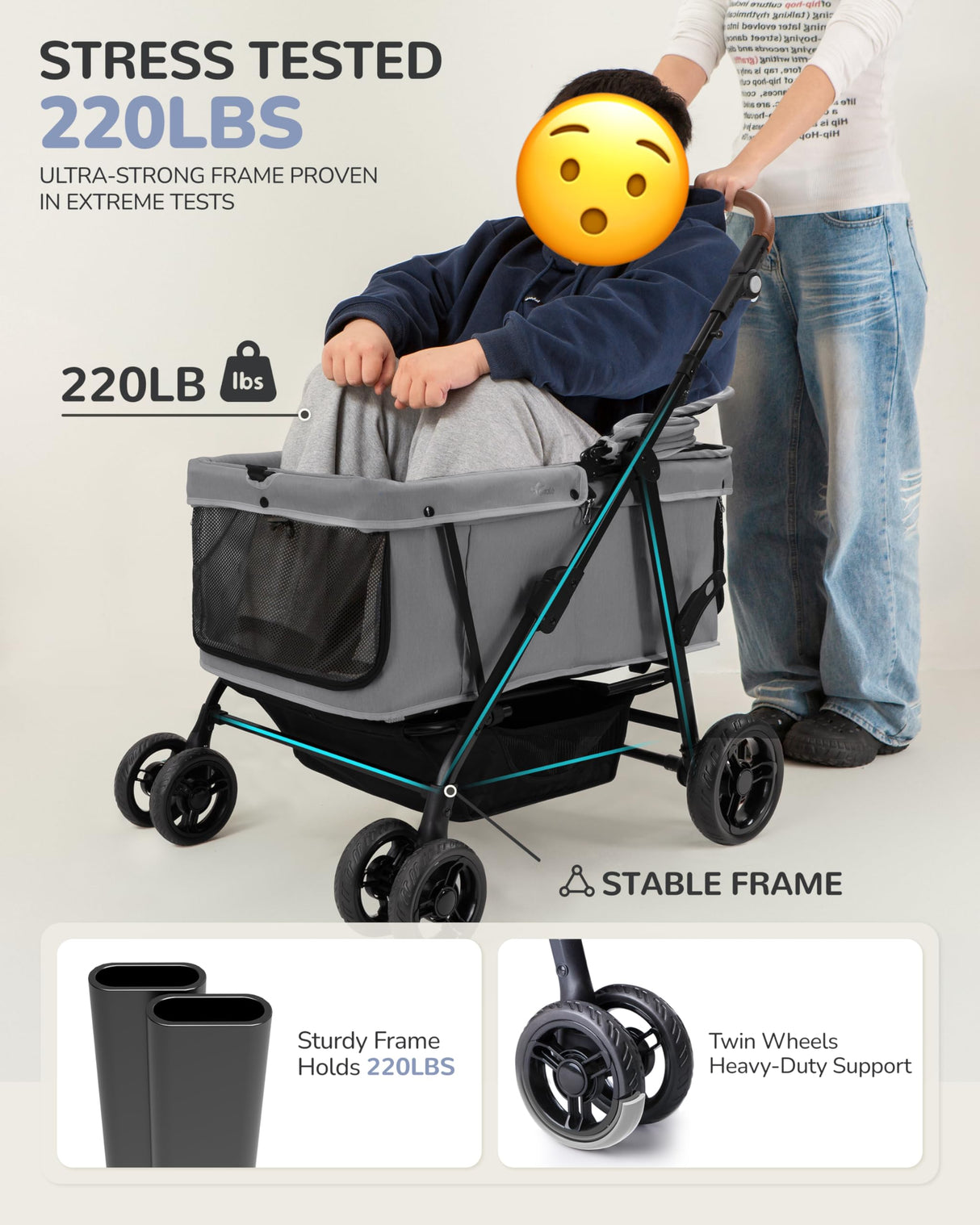 Dog Stroller for Large & Medium Dogs (20–132 lbs), Pet Stroller for 2 Small Dogs, Extra Large Heavy Duty, Foldable & Ventilated, Grey
