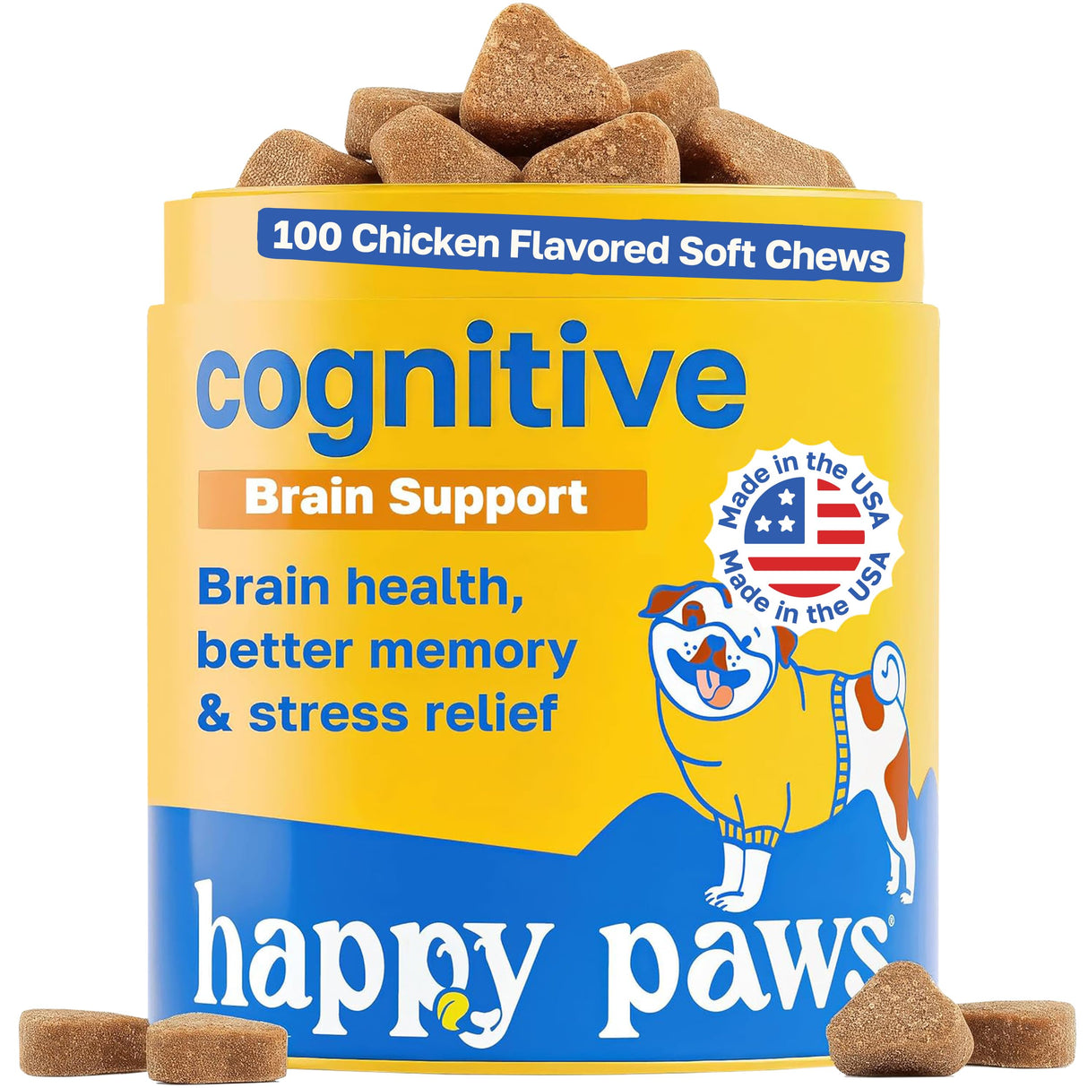 Happy Paws Cognitive Supplement for Dogs, Chicken Soft Chews with Taurine, Spirulina, CoQ10 & Vitamins B1, B3, B12, Supports Cognitive Function, Memory and Focus, Chews for Small to Large Dogs
