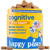 Happy Paws Cognitive Supplement for Dogs, Chicken Soft Chews with Taurine, Spirulina, CoQ10 & Vitamins B1, B3, B12, Supports Cognitive Function, Memory and Focus, Chews for Small to Large Dogs