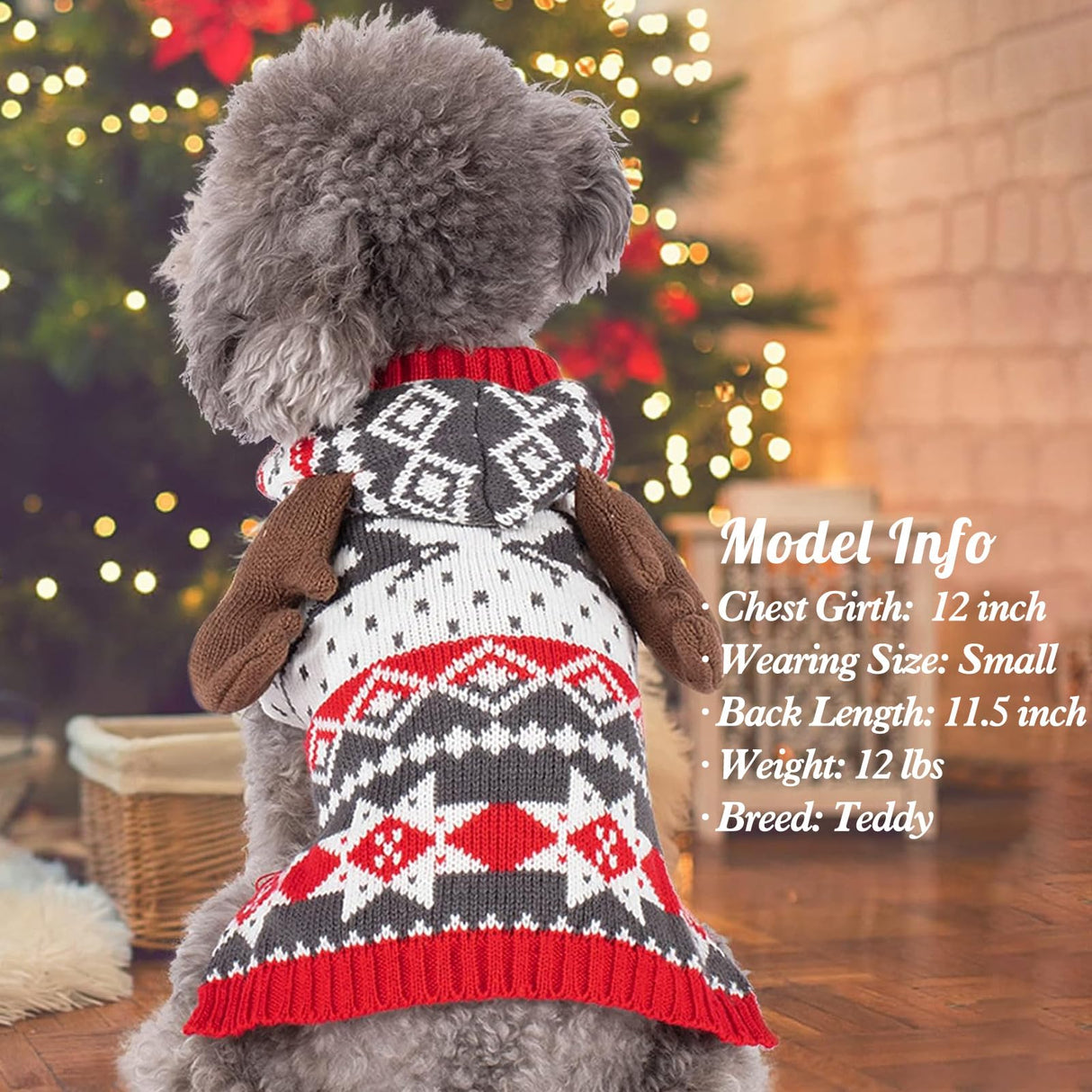KYEESE Dog Christmas Sweater, Warm Dog Sweater for Small Dogs Boy Girl with Reindeer Antler Hood, Classic Winter Knitwear with Leash Hole, Soft Stretchy Fabric, Cozy Pet Clothes, Small
