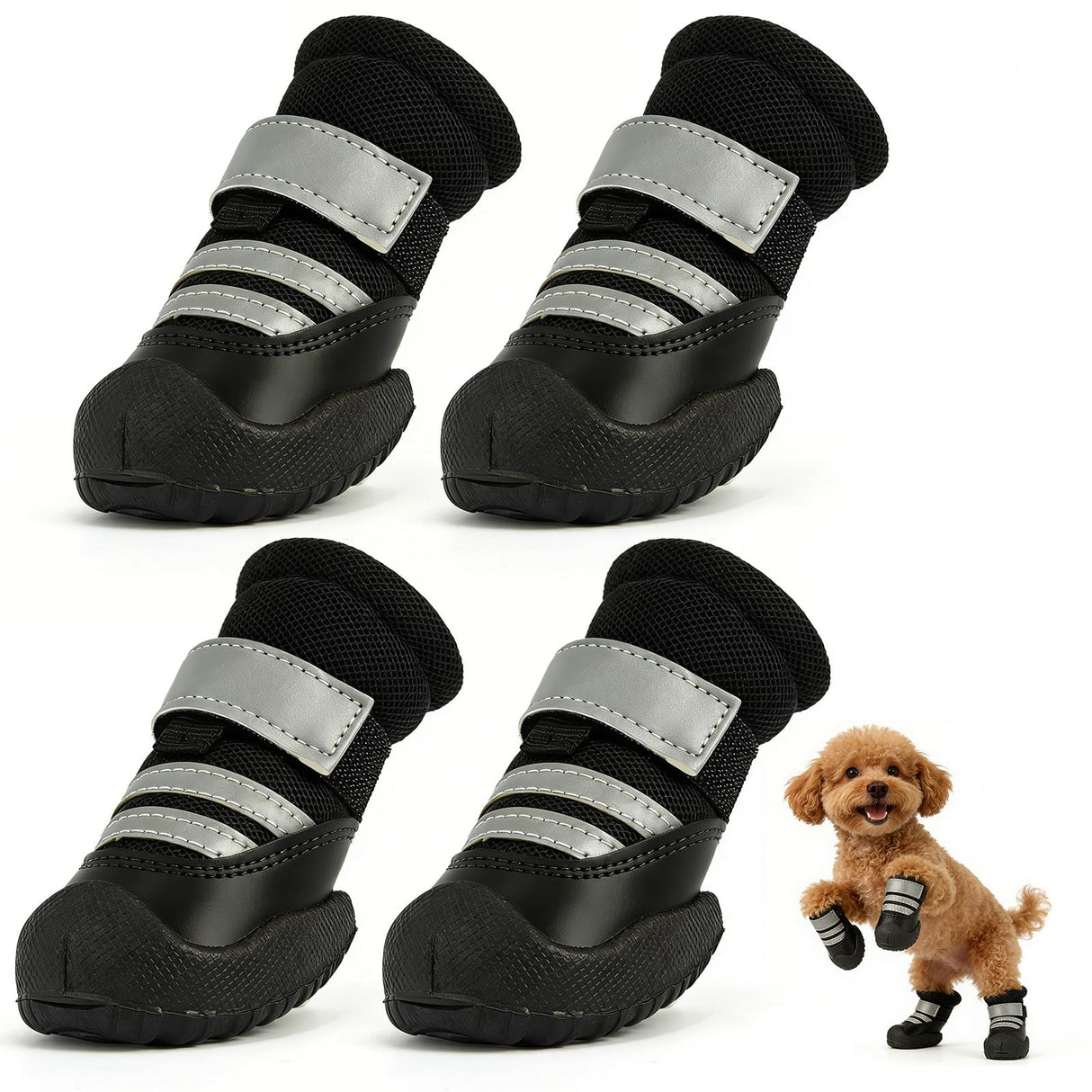 Furrtripsy Dog Boots, Waterproof Dog Shoes with Reflective Straps, Rugged Anti-Slip Sole Paw Protectors for Medium Large Dogs, Breathable Pet Booties for Hot Pavement, Snow, Hiking, 4Pcs