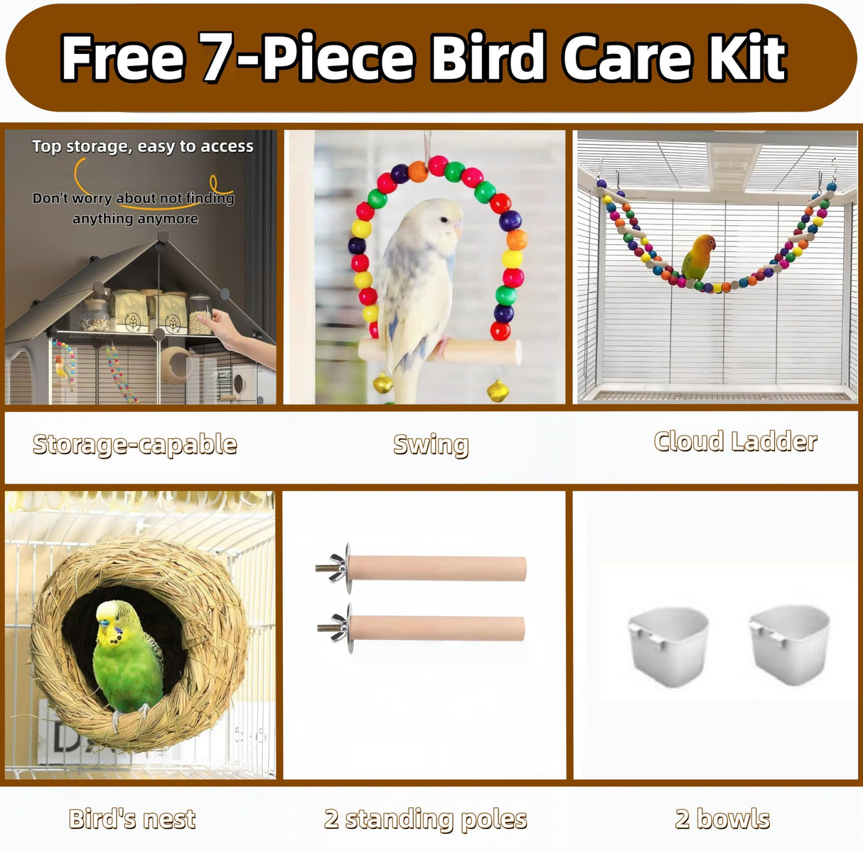 60in Large Flight Bird cage, Equipped with Bird's Nest， Ladder, Swing, Feeder, etc. with Wheels for Easy Outdoor Movement, Suitable for Parrots, Pigeons (Black, 28.4" L x14.2W x 60" H)