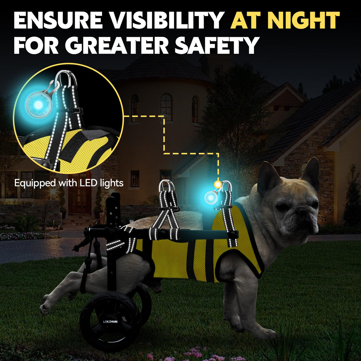 LOKSHUN Small Dog Wheelchair for Back Legs, Adjustable Rear Leg Mobility Support for Small Dogs up to 22 lbs, Lightweight Dog Mobility Cart with 2-in-1 Leash, LED Light, Heavy-Duty Wheels (Yellow-S).