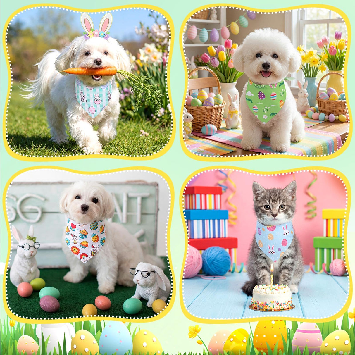 Hillban 72 Pcs Easter Day Dog Bandanas Bulk Dogs Bandanas Easter Day Pet Scarf Soft Bunny Egg Pattern Dogs Triangle Scarfs Colorful Chicks Bandana Spring Dog Scarf, Small and Medium Pet