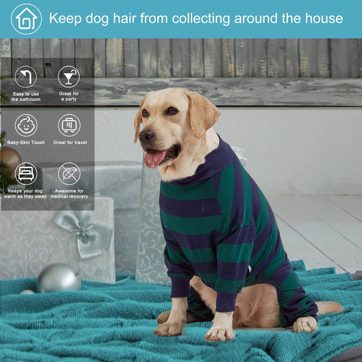LovinPet Large Dog Pajamas Bodysuit, Lightweight Stretchy Knit Pullover Dog Onesie, Pet Pajamas for Dogs, Green and Black Stripe Print Dog Shirt, UV Protection, Stop Shedding for Dogs, Pet PJ's, 2XL
