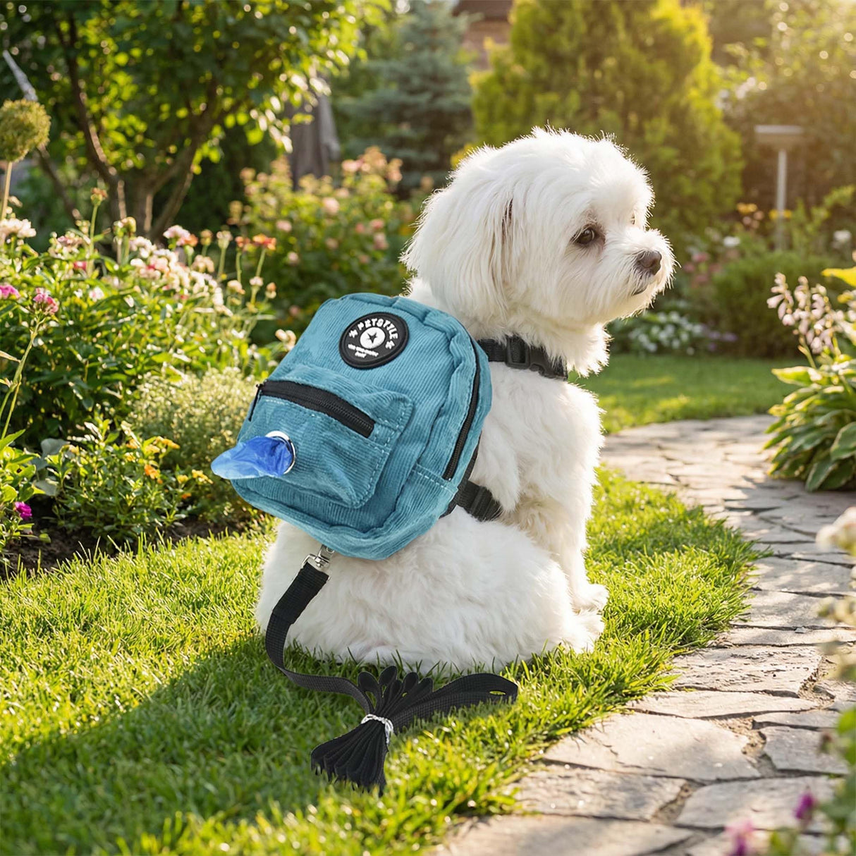 FLAdorepet Dog Backpack Harness with Leash, Dog Poop Bag Dispenser, Pet Self Carrier Adjustable Travel Hiking Walking Harness Backpack for Small Medium Dogs (L(Fit:10-15lb), Blue)