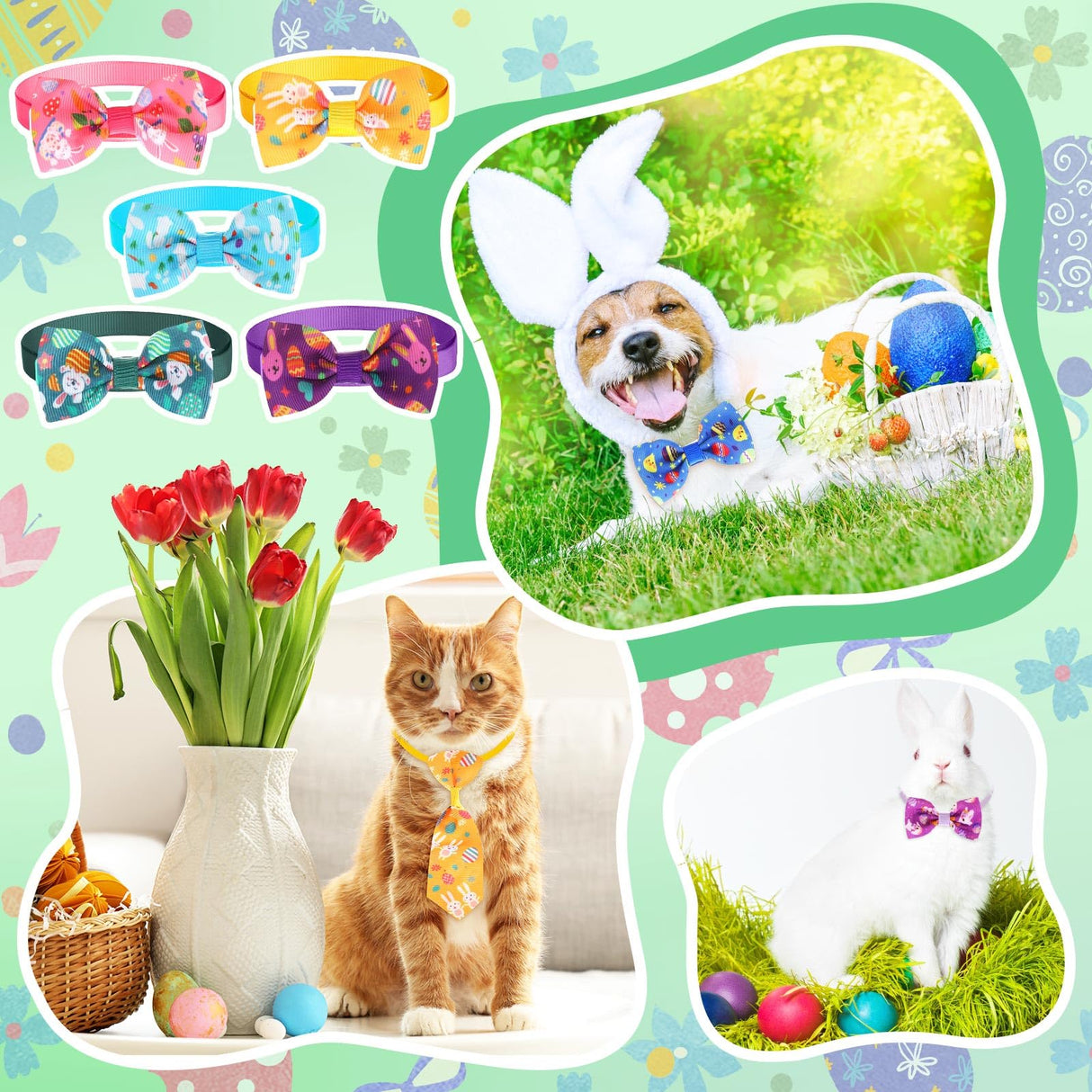 Chunful 150 Pcs Easter Dog Bow Ties Collars Bulk Easter Adjustable Cat Dog Bowtie Neckties Collars Set Basic Bow Tie for Small Medium Pet Grooming Accessories