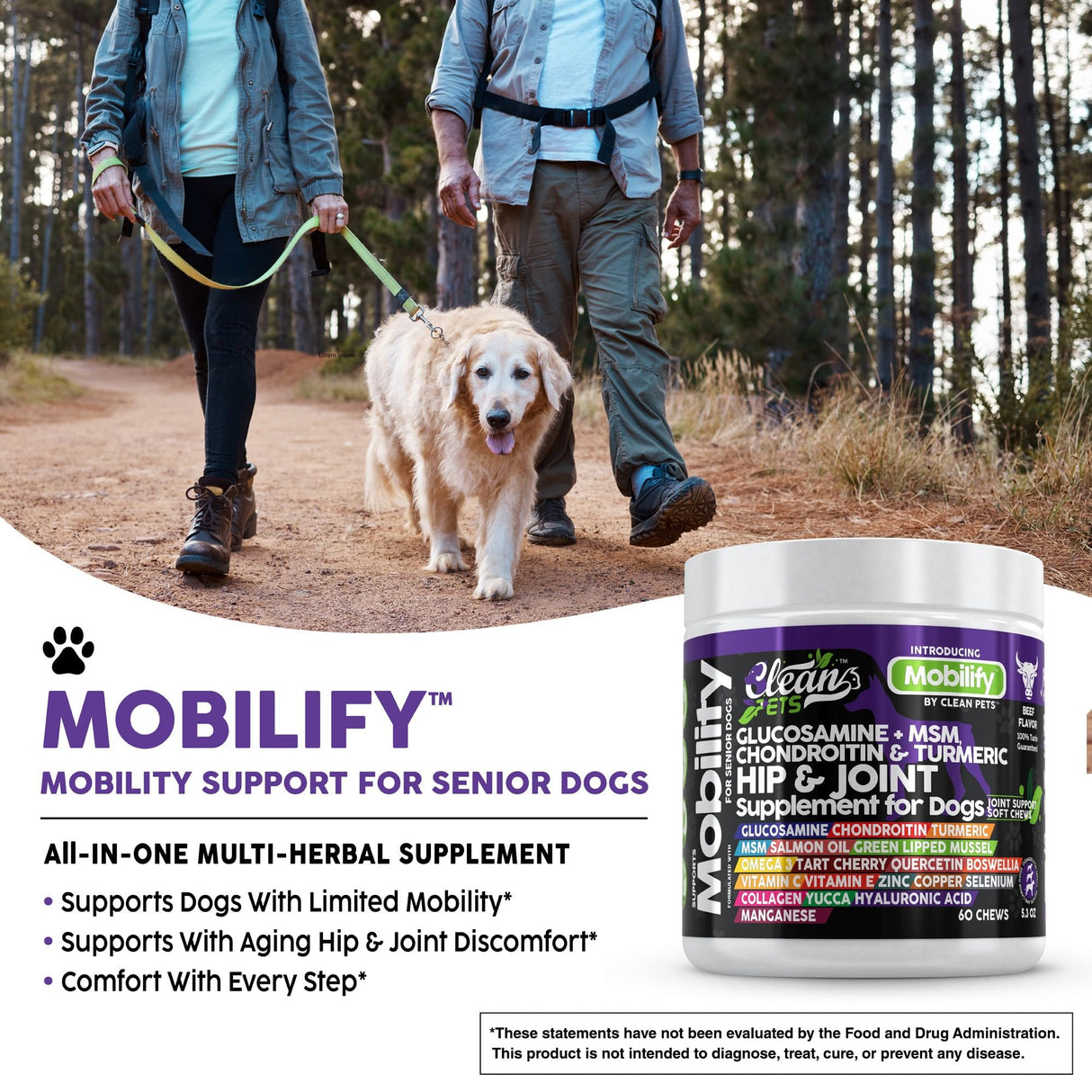 Clean Pets Hip and Joint Supplement Dogs with Glucosamine for Dogs + Chondroitin, Turmeric, Hyaluronic Acid, MSM, Salmon Oil, Collagen, Vitamin C, Omega 3 Senior Dog Supplements Beef Flavor - 1Pack