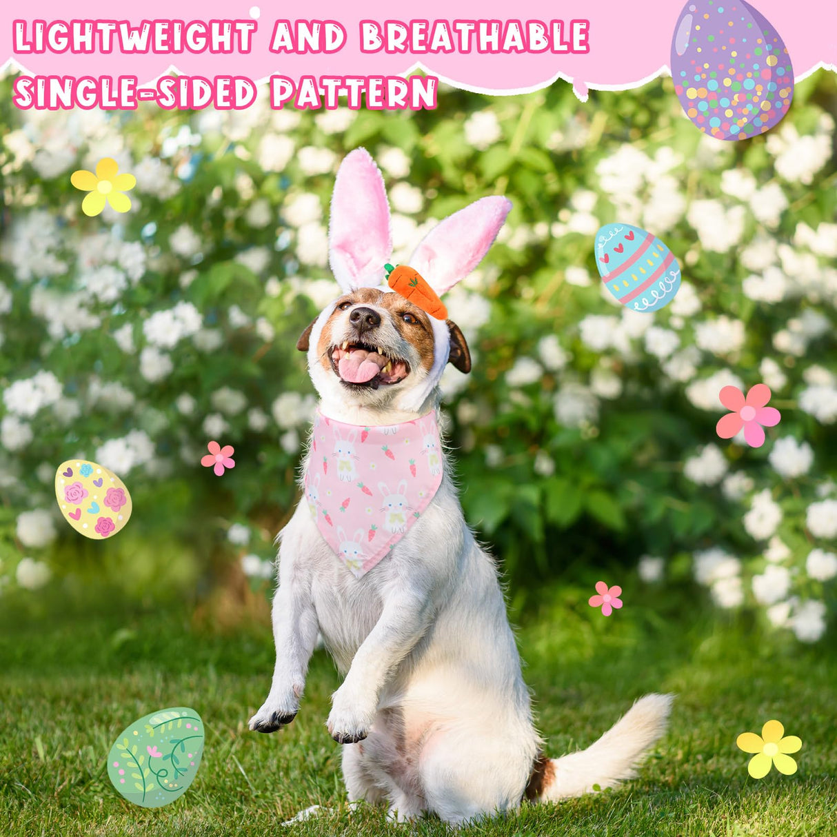 SilTriangle 16 Pack Dog Easter Outfit Including 8 Bunny Ears Headband and 8 Easter Dog Bandana Four Colors Bunny Ears Pet Bandana with Different Patterns