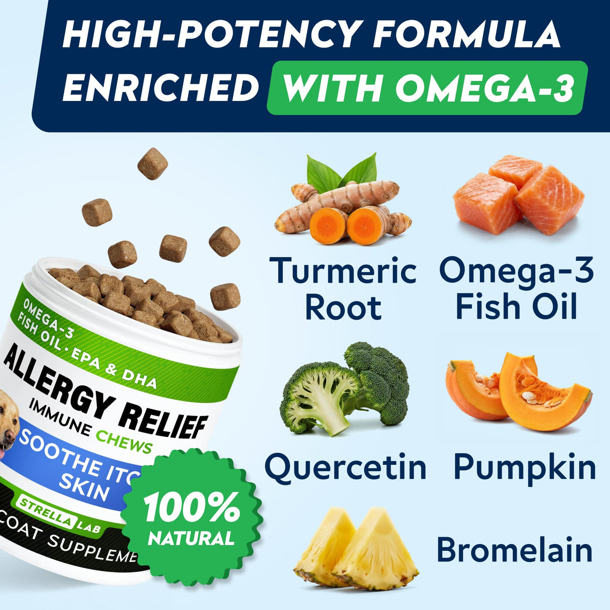 StrellaLab Dog Allergy Relief & Anti Itch Support Chews w/Omega 3: Real Ingredients, Real Taste! Skin & Coat Immune Supplement w/Fish Oil, Pumpkin & Enzymes — Developed by Experts - Made in USA -120Ct