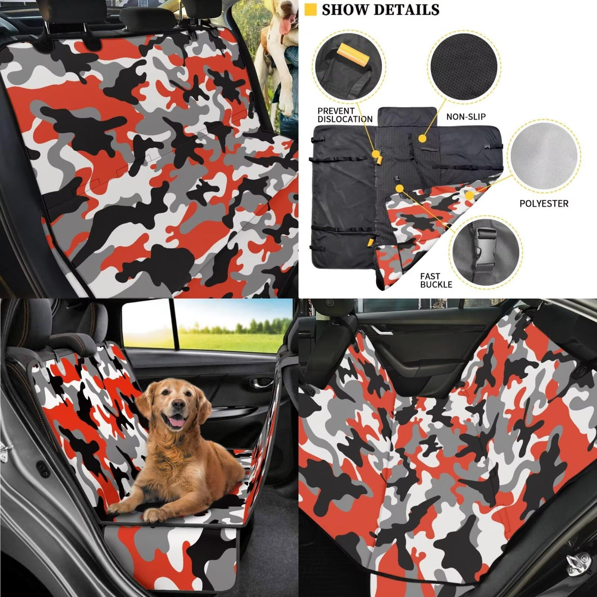 Tomeusey Camouflage Backseat Pet Bed Mat,Pet Bandana and Garbage Bag, Dog Seat Cover for Car Back Seat, Non-Slip Travel Pet-Friendly Seat Cover for Cars SUVs and Trucks L