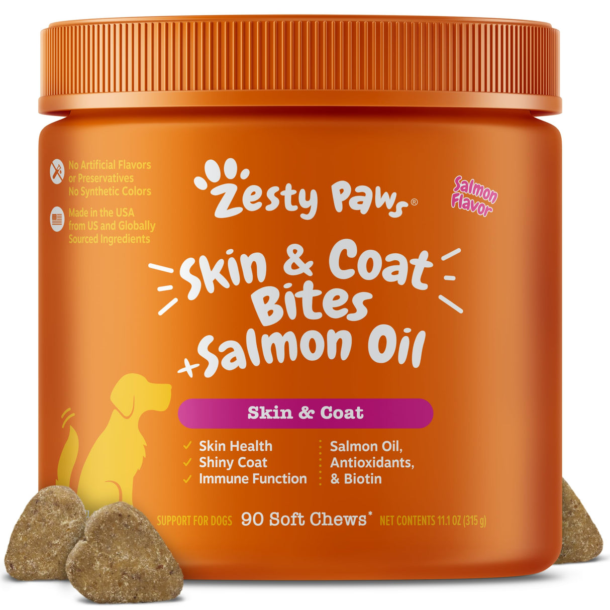 Zesty Paws Salmon Oil for Dogs Skin and Coat, Omega 3 Fish Oil Chews, Dog Allergy Relief Chews, Itch Relief Supplement, 90 Count, Salmon Flavor