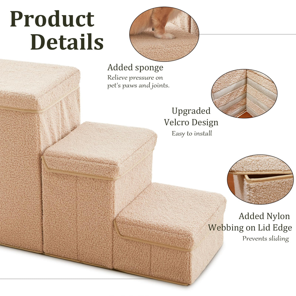 Dog Stairs with Storage, 3-Step Sturdy Dog Steps for Small Medium or Large Older Dogs Cats, Folding Pet Stairs Climbing Sofas, high beds, Windows and Cars (Beige, No Condo,16.7" H)
