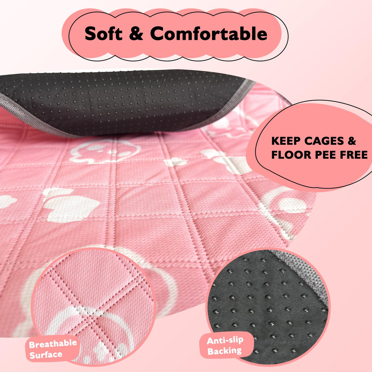 Mooydee 2 Pack Guinea Pig Bedding - Washable Guinea Pig Liner for Midwest Cage, Waterproof Reusable & Anti Slip Pee Pads Super Absorbent Mats for Small Animals Rabbit Hamster Rat (Pink, 48 x 24 Inch)