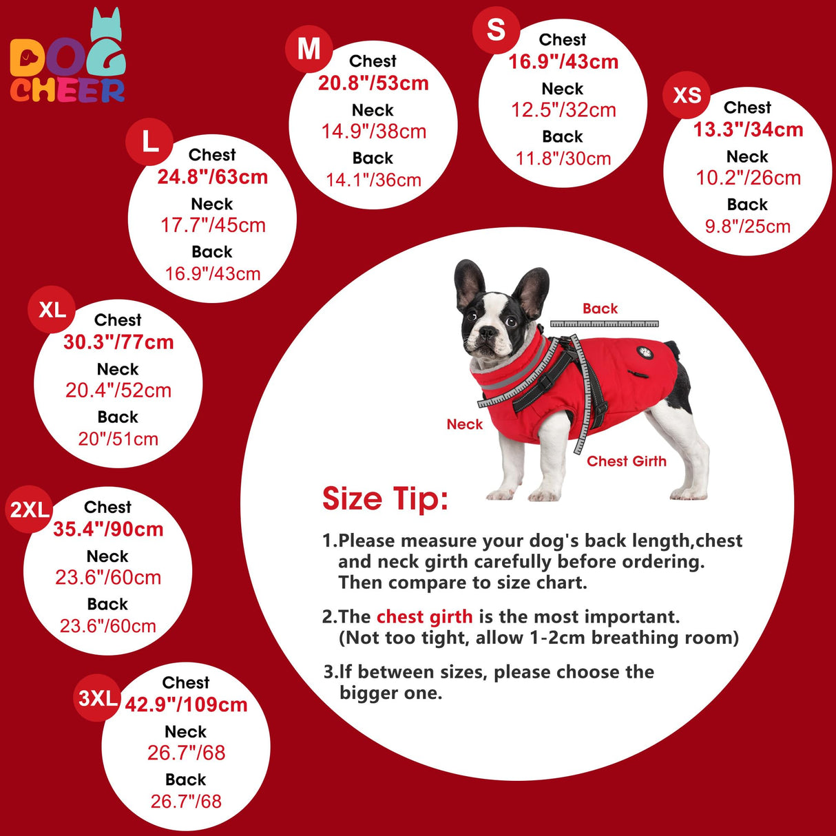 Dogcheer Dog Coat with Harness, Waterproof Dog Jacket, Christmas Puppy Winter Coat with Pocket, Reflective Doggy Turtleneck Puffer Vest for Small Medium Large Dogs - Red, S
