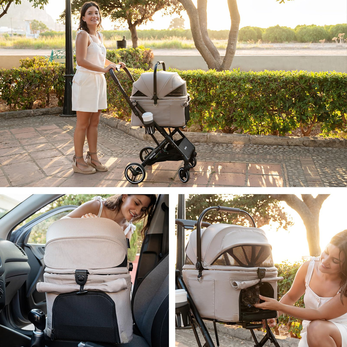 Beberoad Pets X2 Pet Stroller, Dog Cat Stroller for Small Pets, Equipped with Detachable & One-Click Folding Carrier, Waterproof Pad & Sunshade Canopy,Camel