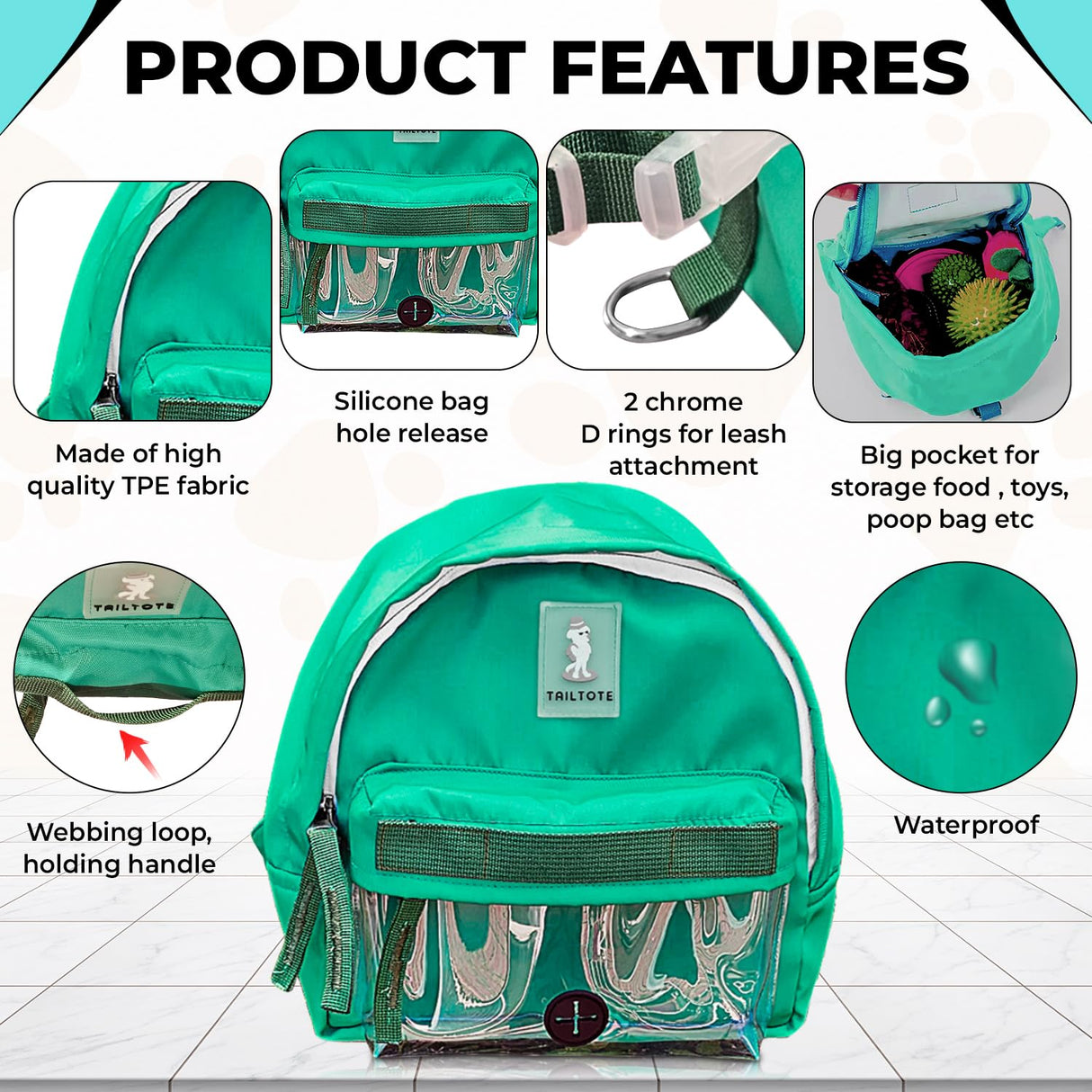 Tailtote Dog Hiking Backpack Lightweight, Adjustable, and Waterproof Pet Poopbag Holder for Outdoor Adventures,Puppy Training School or Everyday Walks (Small)