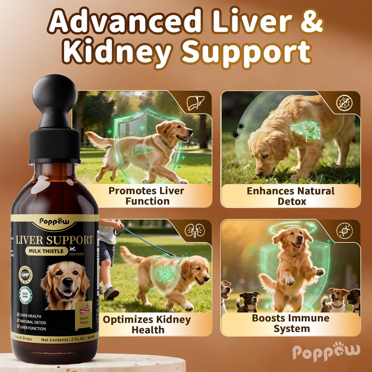 POPPAW Milk Thistle for Dogs – 9-in-1 Liver and Kidney Support Drops with Artichoke, Resveratrol, Marigold Extract, 100% Natural Detox Supplement for Liver Function, Split Dropper, Bacon Flavor, 2Oz