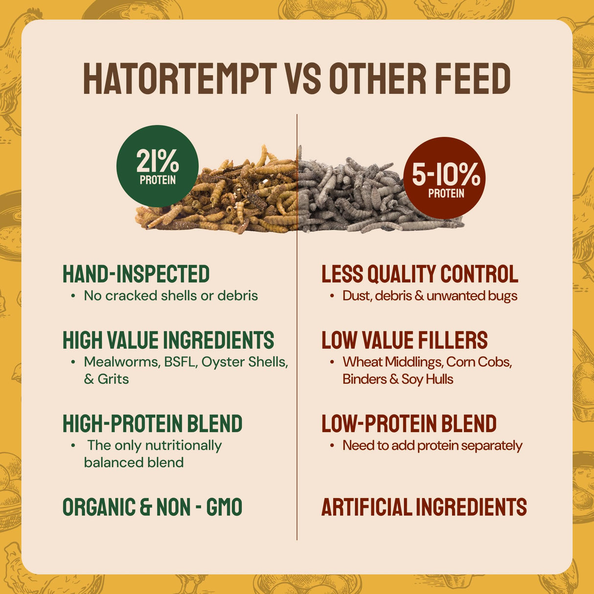 Hatortempt Chicken Feed Supplement - Non-GMO - Protein-Rich Mealworms, Black Soldier Fly Larvae & Oyster Shell - Calcium Grit Treats for Chickens - Egg Layer Feed Supplement (10 lb)