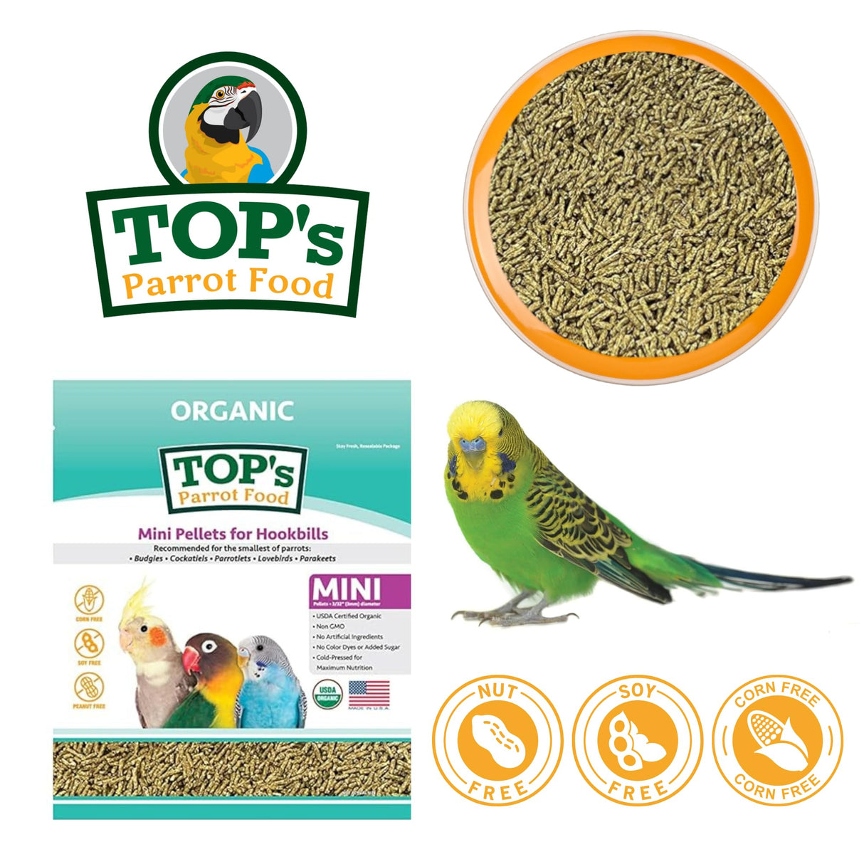 TOP's Parrot Food Mini Pellets Bird Food for Budgies, Cockatiels, Parrotlets, Lovebirds, Parakeets - Non-GMO, Peanut Soy & Corn Free, USDA Organic Certified - 4LBS