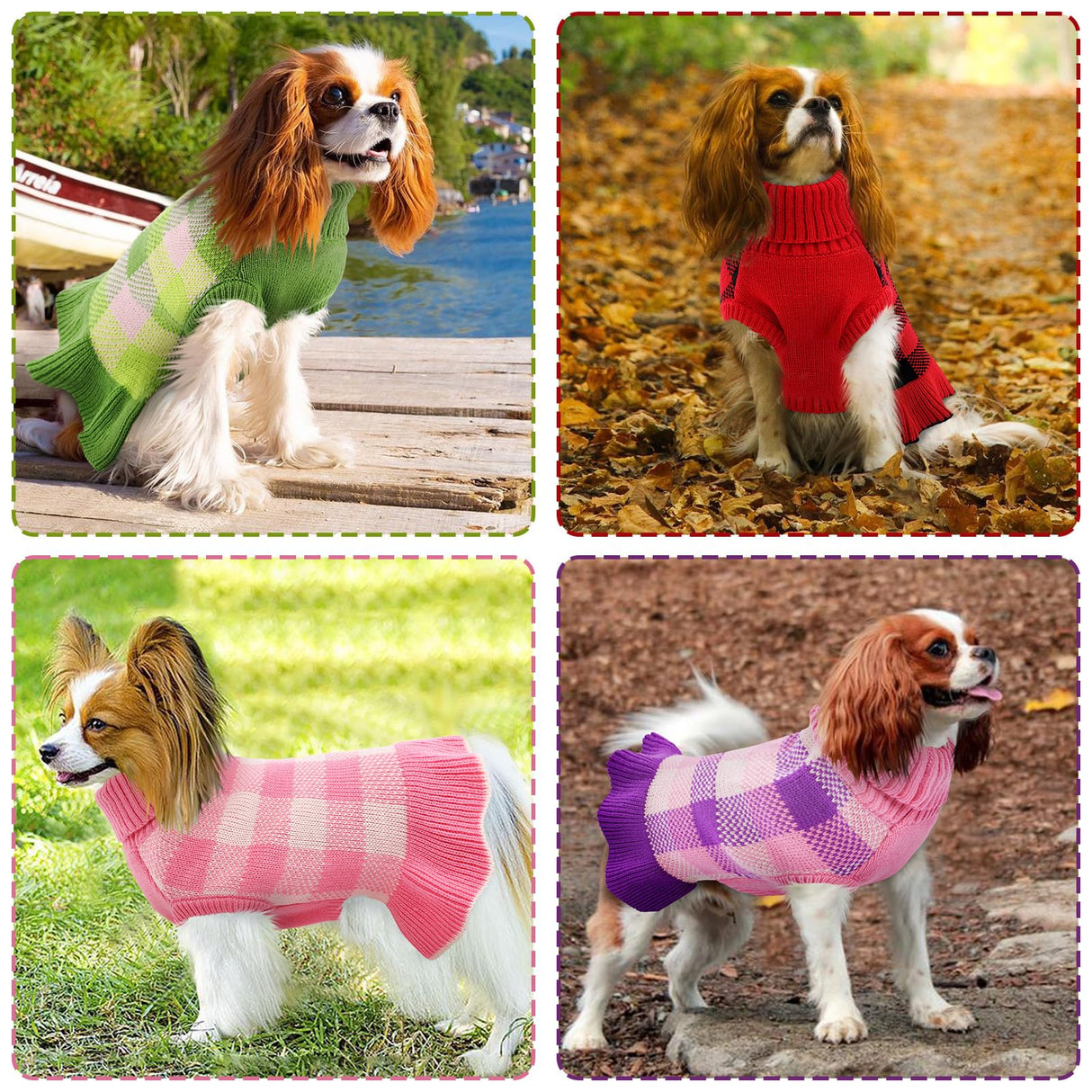 Dog Sweater Dress Plaid Knitwear for Small Medium Dogs Warm Puppy Pet Turtleneck Stretch Pullover Cute Fall Winter Vest Clothes with Leash Hole for Christmas (Green, L)