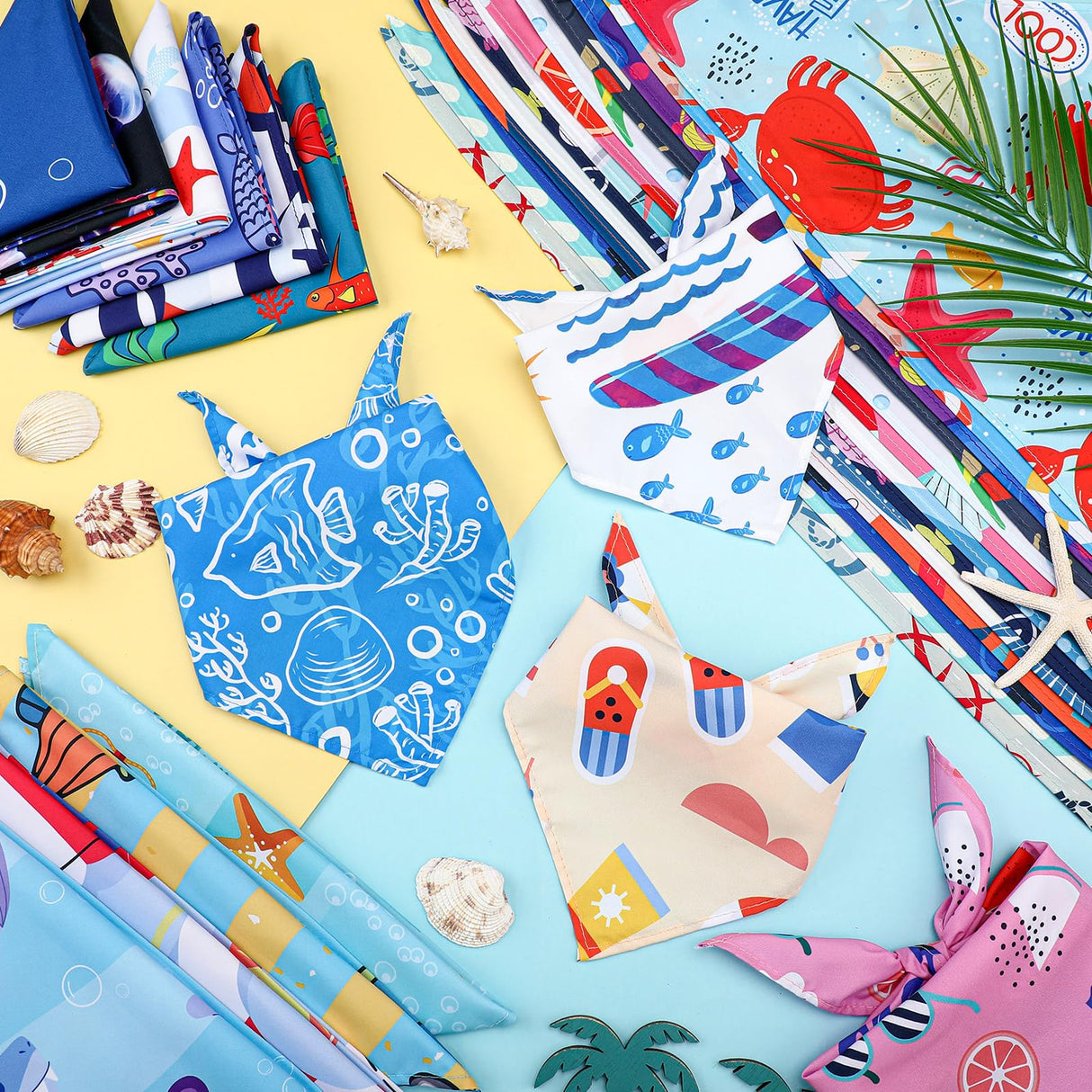 Huhumy 150 Pcs Ocean Dog Bandanas Bulk Summer Pet Bibs Triangle Ocean Themed Pet Scarf Bandanas for Medium Large Dogs Birthday Summer Beach Costume Decoration