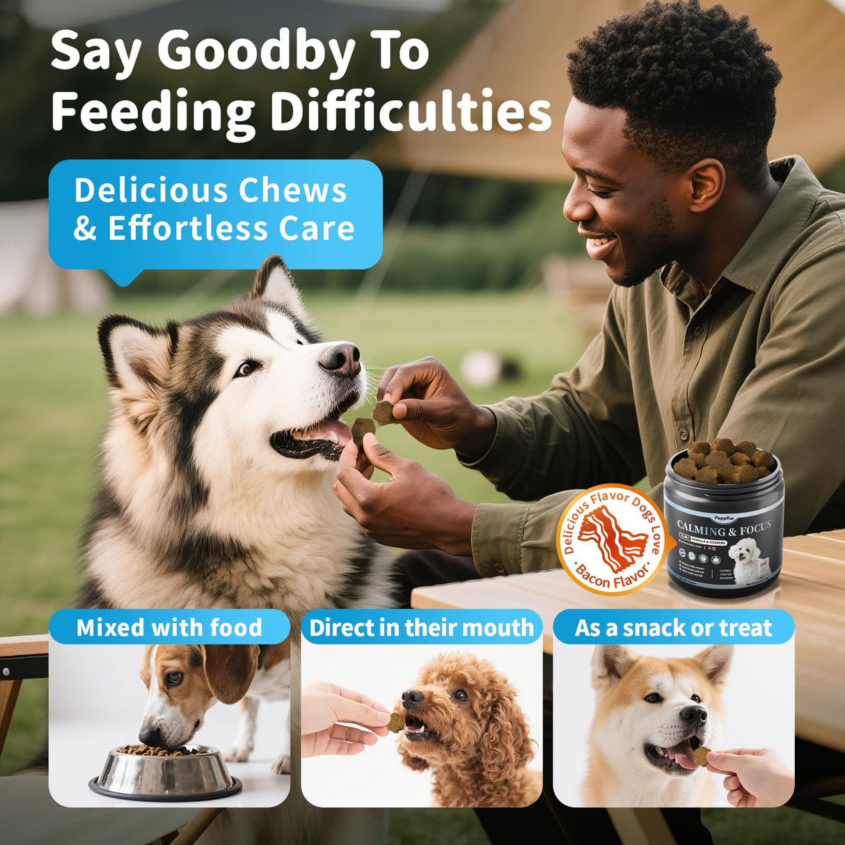 POPPAW Calming Chews for Dogs – Calming Treats for Anxiety, Stress, Separation, Travel & Thunder, Non-Drowsy Alternative to Melatonin, Calm & Focus with Chamomile & Ashwagandha, Bacon Flavor, 90Ct