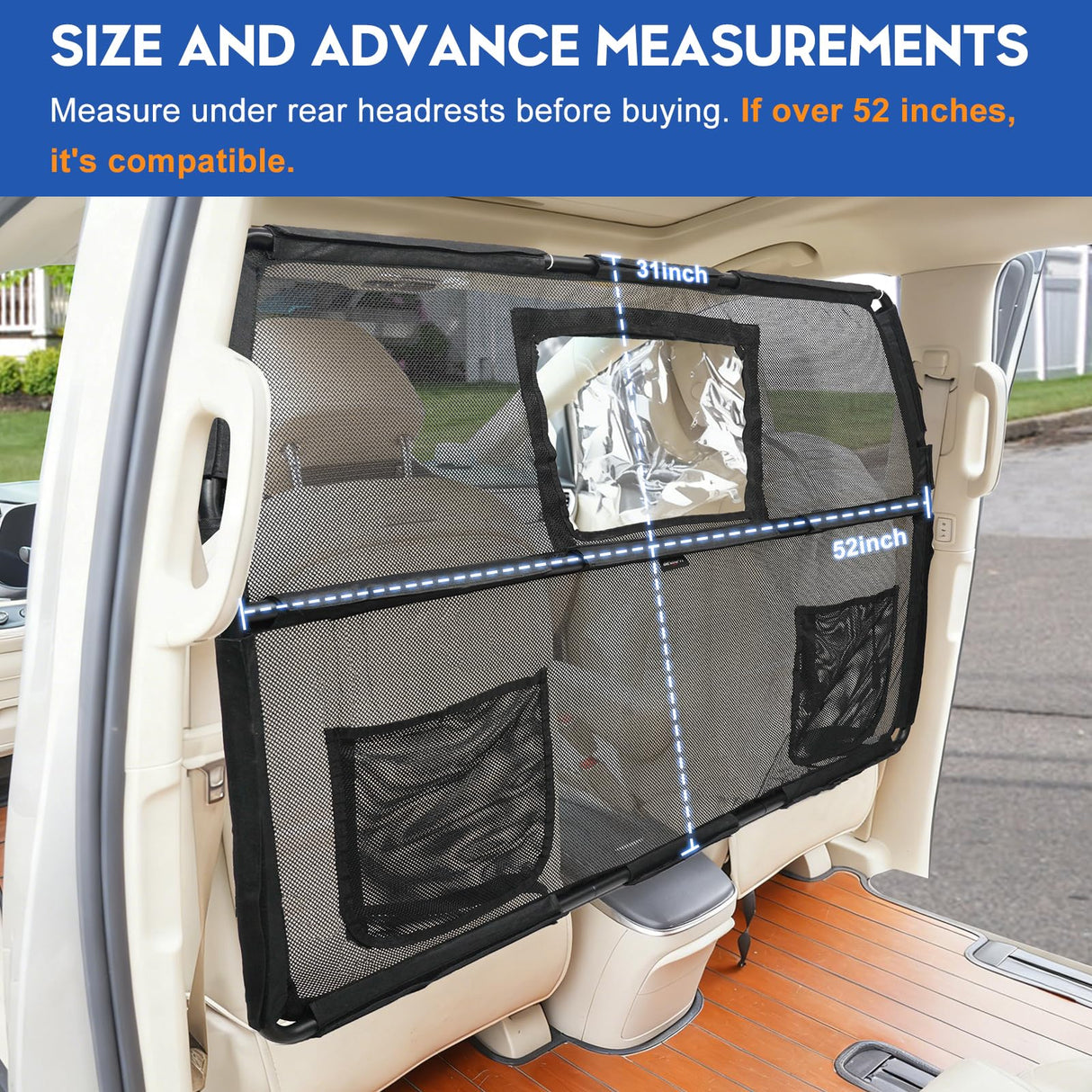 GEVINFA 52" Dog Car Barrier for SUV, Wide Escape-Proof & Chew-Proof Dog Car Divider with Removable Visual Window & 2 Storage Pockets, Pet Net Gate for Behind Front Seats, Fits Sedans Cars Trucks
