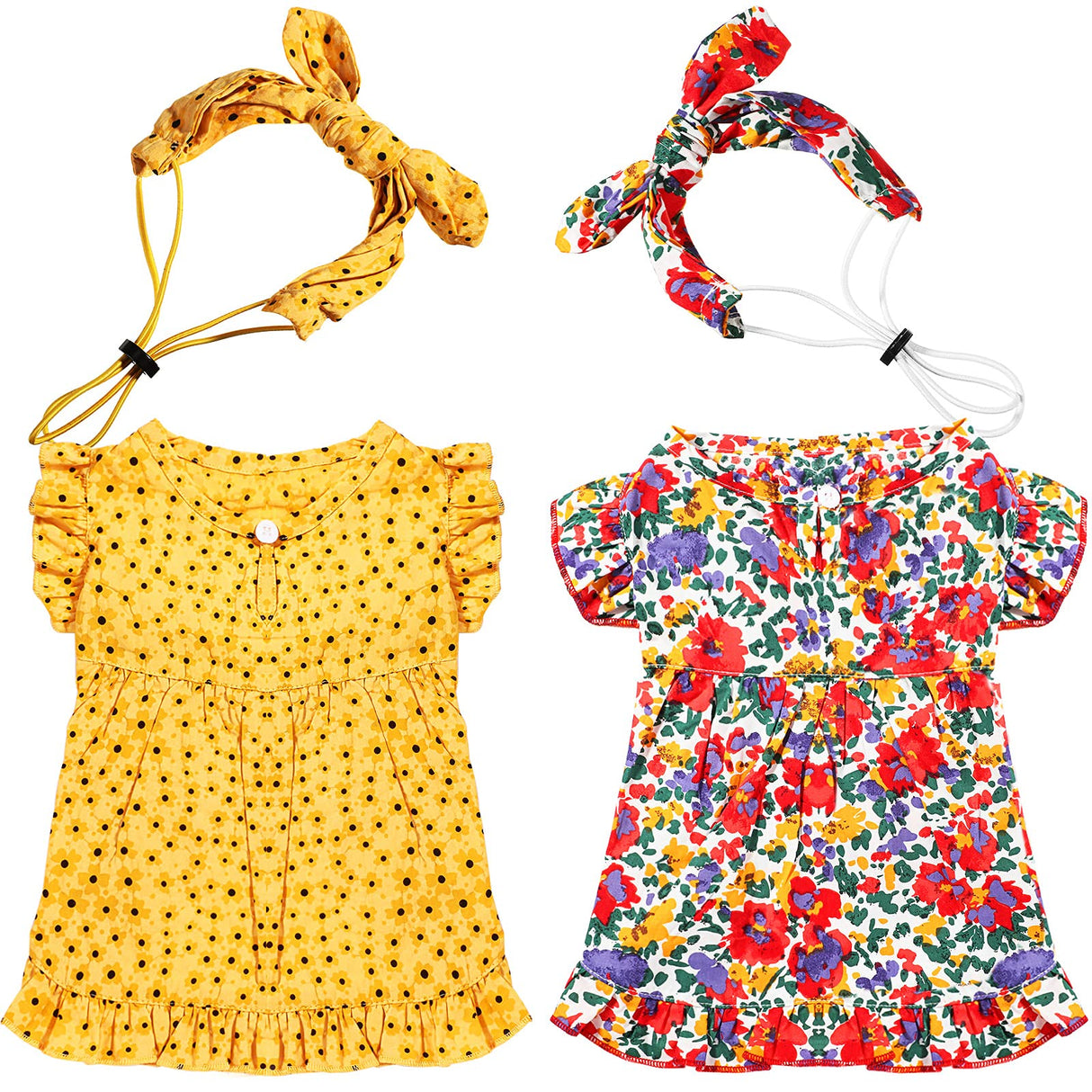 Frienda 2 Pcs Dog Dress Princess Floral Summer Puppy Dress with Bows Headband for Dog Cat Birthday Party Holiday Hawaiian Mermaid, Red and Yellow(L)