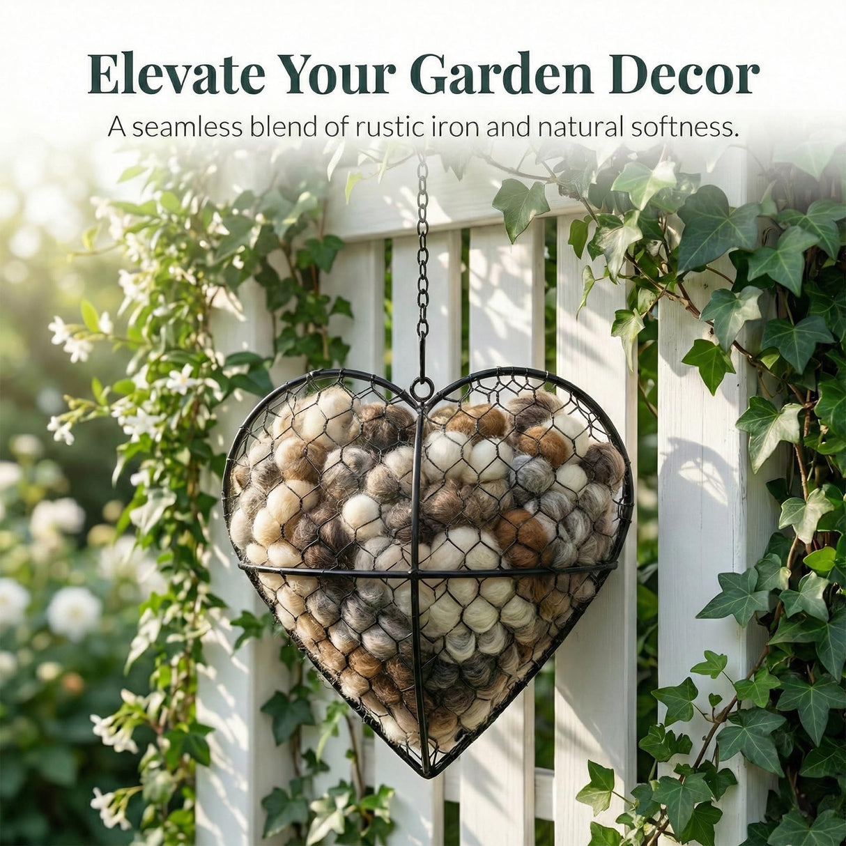 Esamar Handmade Alpaca Fiber Bird Nesting Heart - Refillable Bird Nesting Material Holder & Garden Decor - Alpaca Wool for Bird Nesting Dispenser & Nesting Material for Wild Birds Station (Black)