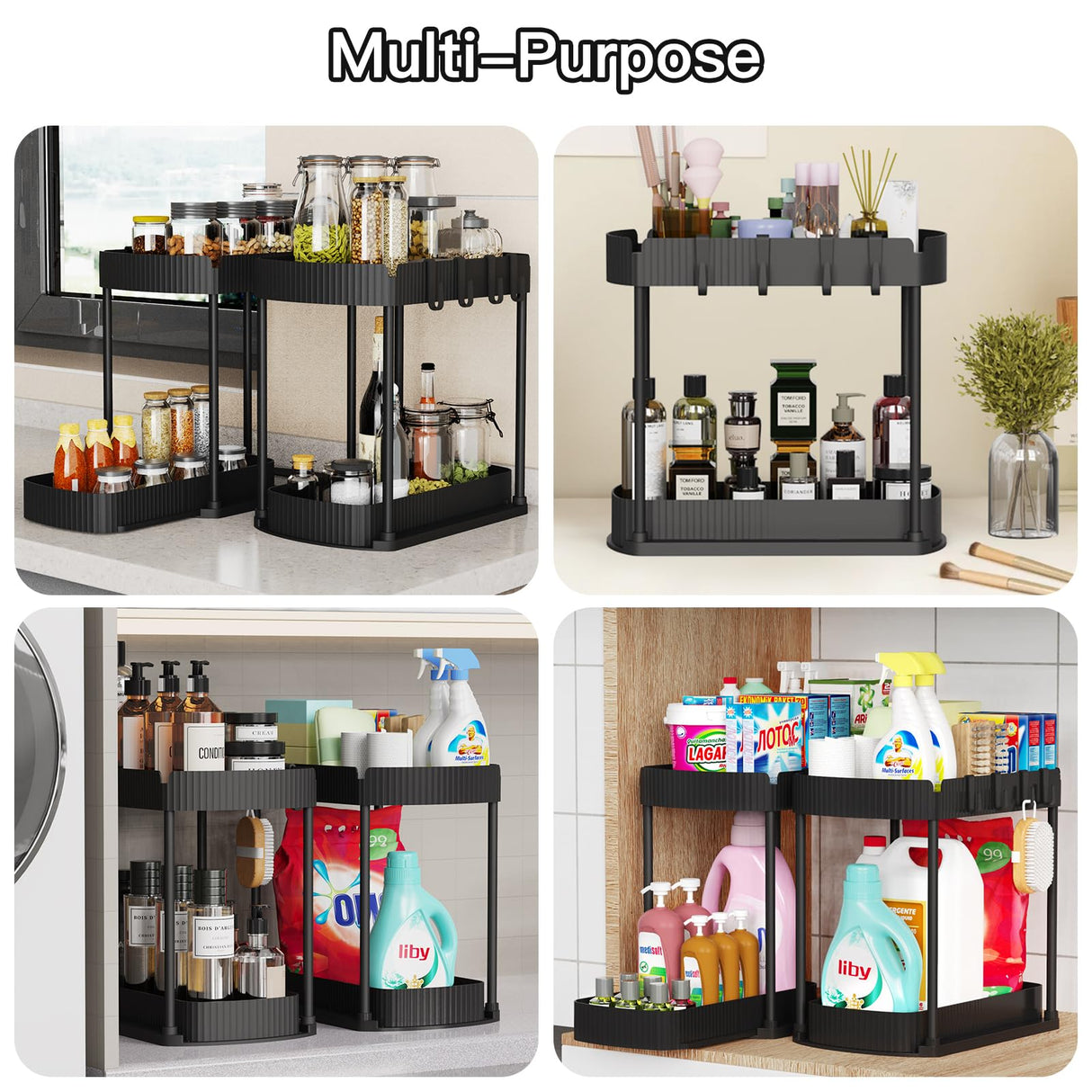 Multi-Purpose Pull-Out Storage Organizers, Under Sink/Cabinet Organizers and Storage for Bathroom & Kitchen, Black, 12.8 Inches, 2 Packs