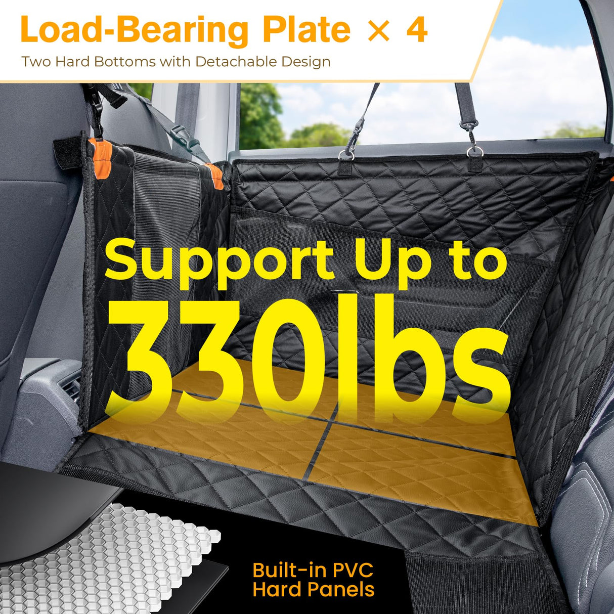 Pecute Heavy-Duty Dog Car Seat & Back Seat Extender –Hard PVC Support for Large Dogs up to 330 lbs – Cars, SUVs & Trucks – Scratch-Resistant Sofa Leather & Breathable Mesh for Safe, Stable Road Trips