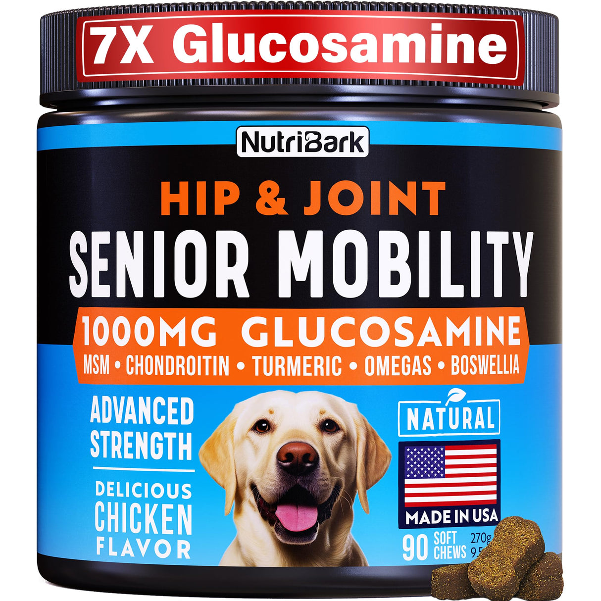 Glucosamine for Dogs -1000mg- Senior Dog Joint Supplement -Advanced Hip & Joint Support Chews w/Glucosamine, Chondroitin, MSM, Turmeric & Omega 3 for Pain & Inflammation Relief, Improved Mobility