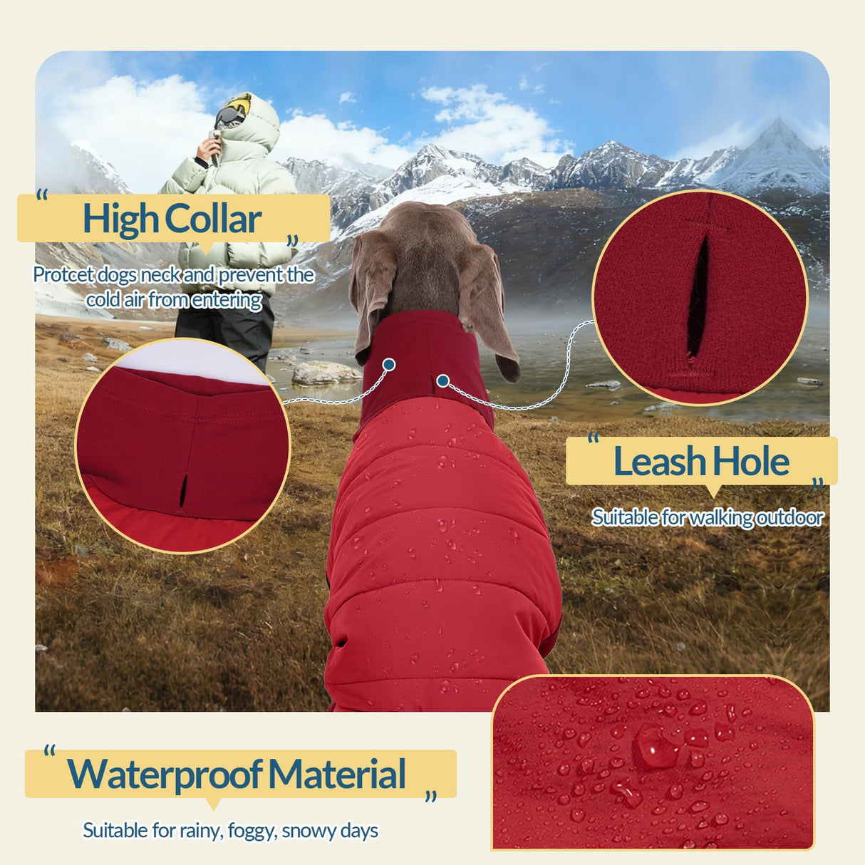 ROZKITCH Waterproof XL Dog Jacket for Winter, Dog Pajamas for Large Dogs, Pullover Fullbody Clothes Jumpsuit, Fleece Cold Weather Coats, Four-Legged Snowsuit with Leash Hole Red XL