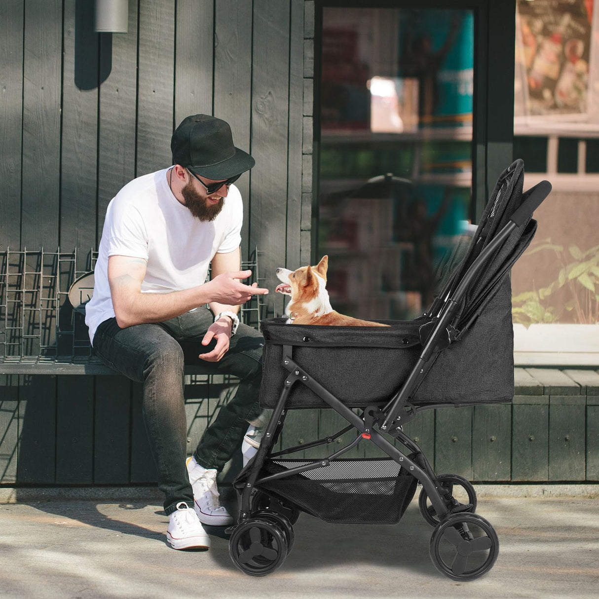 Timati Pet Stroller Dog Strollers for Medium Dogs and Cats with Reversible Handle, 360 Rotating Front Puppy Stroller for Small/Medium Dogs with Mesh Windows 4 Wheels Carts for Outdoor (Black)