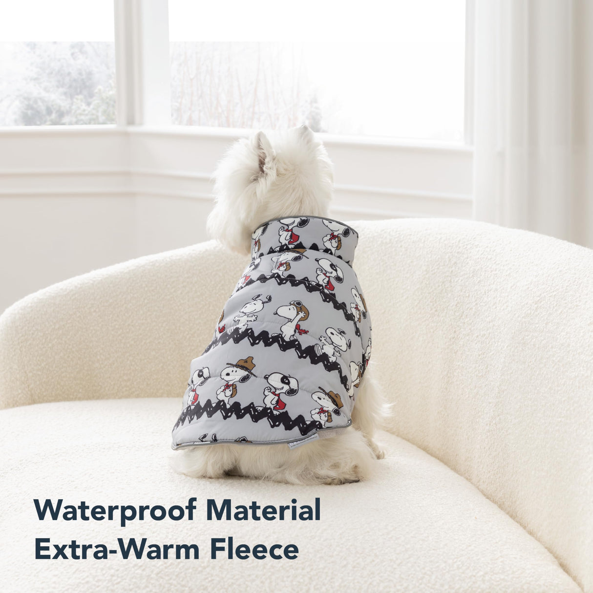 Berkshire Peanuts® Microfleece Dog Coat, Warm Fleece Dog Jacket with Waterproof Shell, Hook & Loop Design for Small, Medium, or Large Dogs (Small, Zigzag Many Faces of Snoopy Small Chateau Grey)