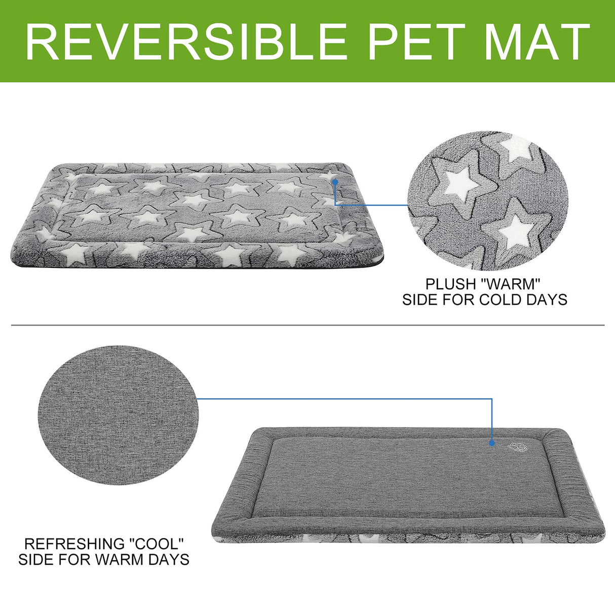 EMPSIGN Dog Crate Pad - Reversible Kennel Mat (Cool & Warm), Machine Washable, Cozy Star Pattern Sleeping Pad for Small Medium Large Dogs, All-Season Pet Bed, Suitable for 54"x37" Dog Crate, Grey