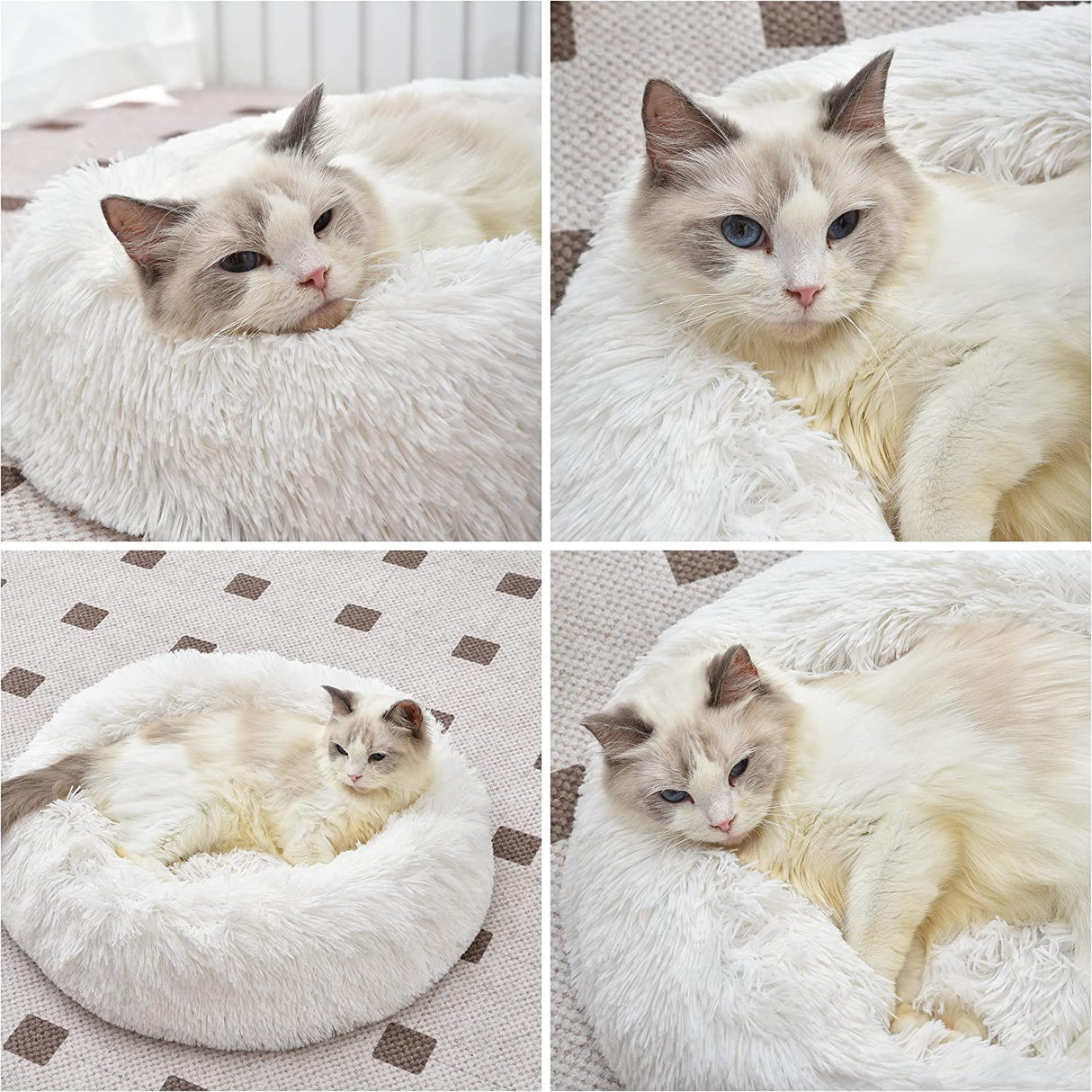 White Faux Fur Cat & Dog Beds 20 inches - Washable Dog Beds for Small Medium Dogs, Anti-Anxiety, Round Plush, Fluffy Thick Bottom