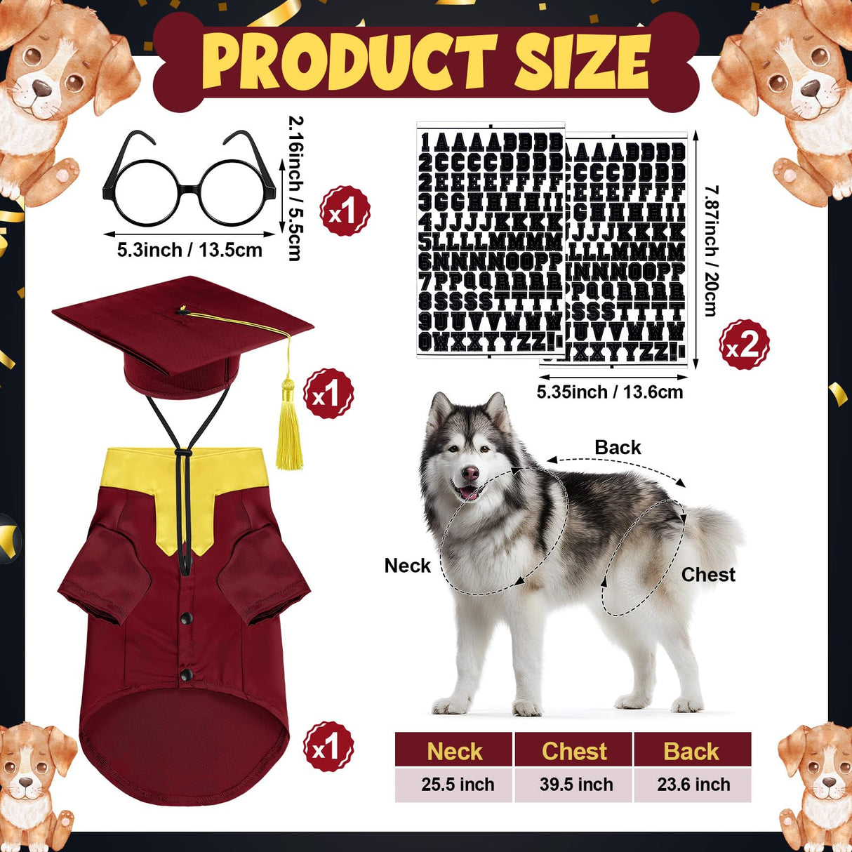 Huhumy 5 Pcs Dog Graduation Costume Set Include 2025 Pet Graduation Gown with Stole Puppy Grad Cap Lensless Glasses DIY Letter Stickers for Dogs Cats Holiday Costume Accessory(Maroon Yellow,XXL)