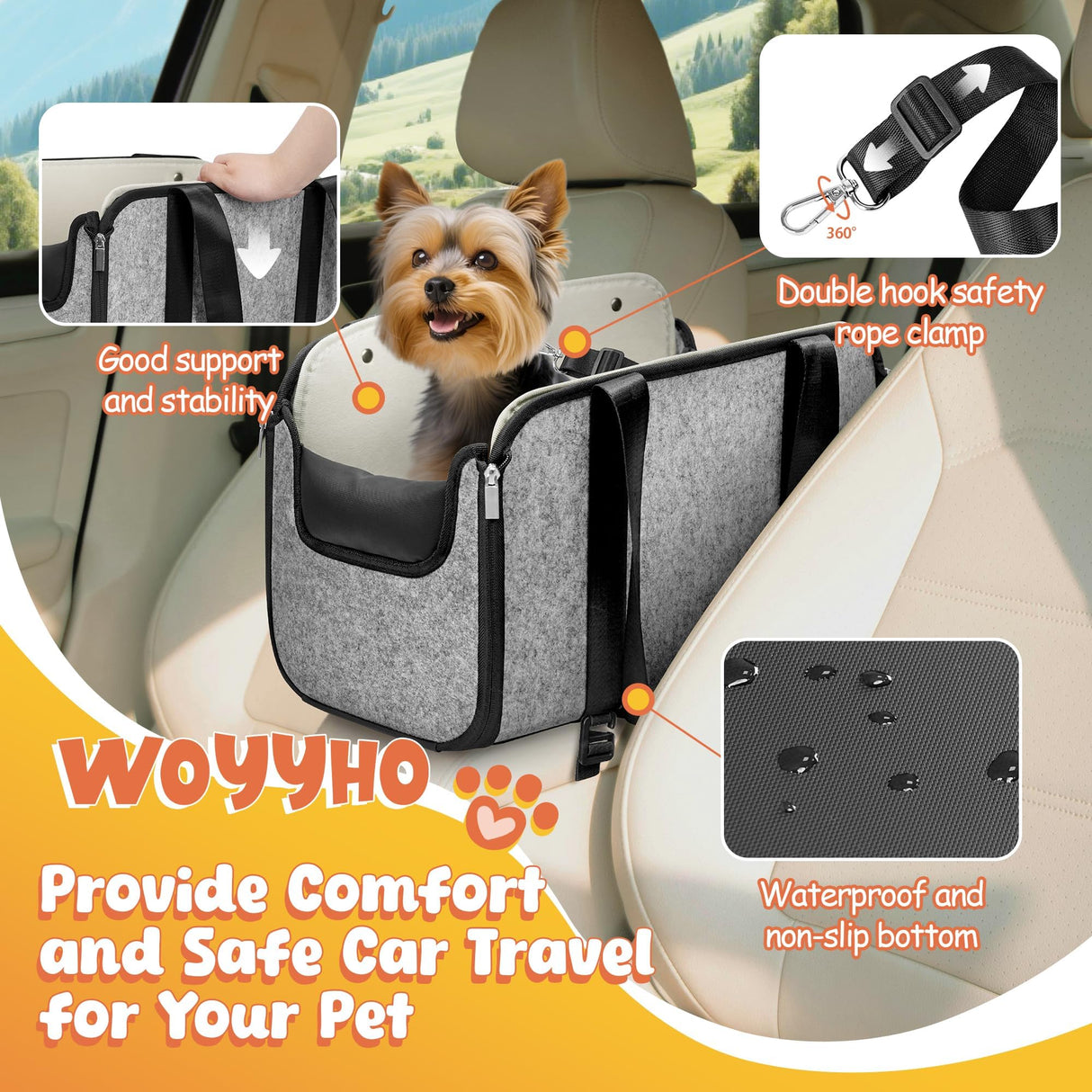 WOYYHO 16 lbs Console Dog Car Seat with Removable Liner, Center Console (Width >9in) Dog Carseat with Front Rear Pillows, Foldable Puppy Car seat with Safety Tether, Stable No Shaking Gray