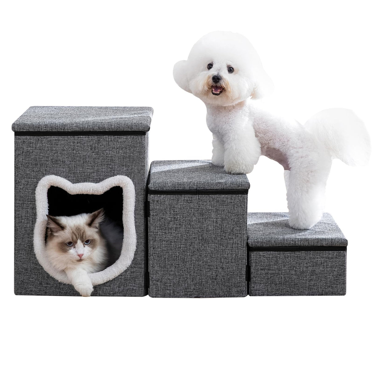 Crispedia Dog Stairs for Small Dogs, 3-Step Non-Slip Pet Stairs for Cats, Small Dog Steps with Storage and Condo, Indoor Cat Steps for Older Cats, Arthritis-Friendly, Grey