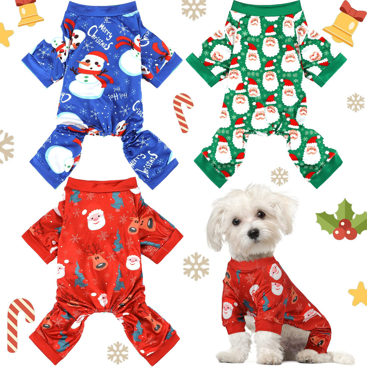 3 Pieces Christmas Dog Pajamas Dog Jumpsuit Santa Snowman Pet Clothes Christmas Pet Pajamas Holiday Costume Jumpsuit for Puppy Cat(Classic Pattern,M (fit 5.5-7.7lbs))